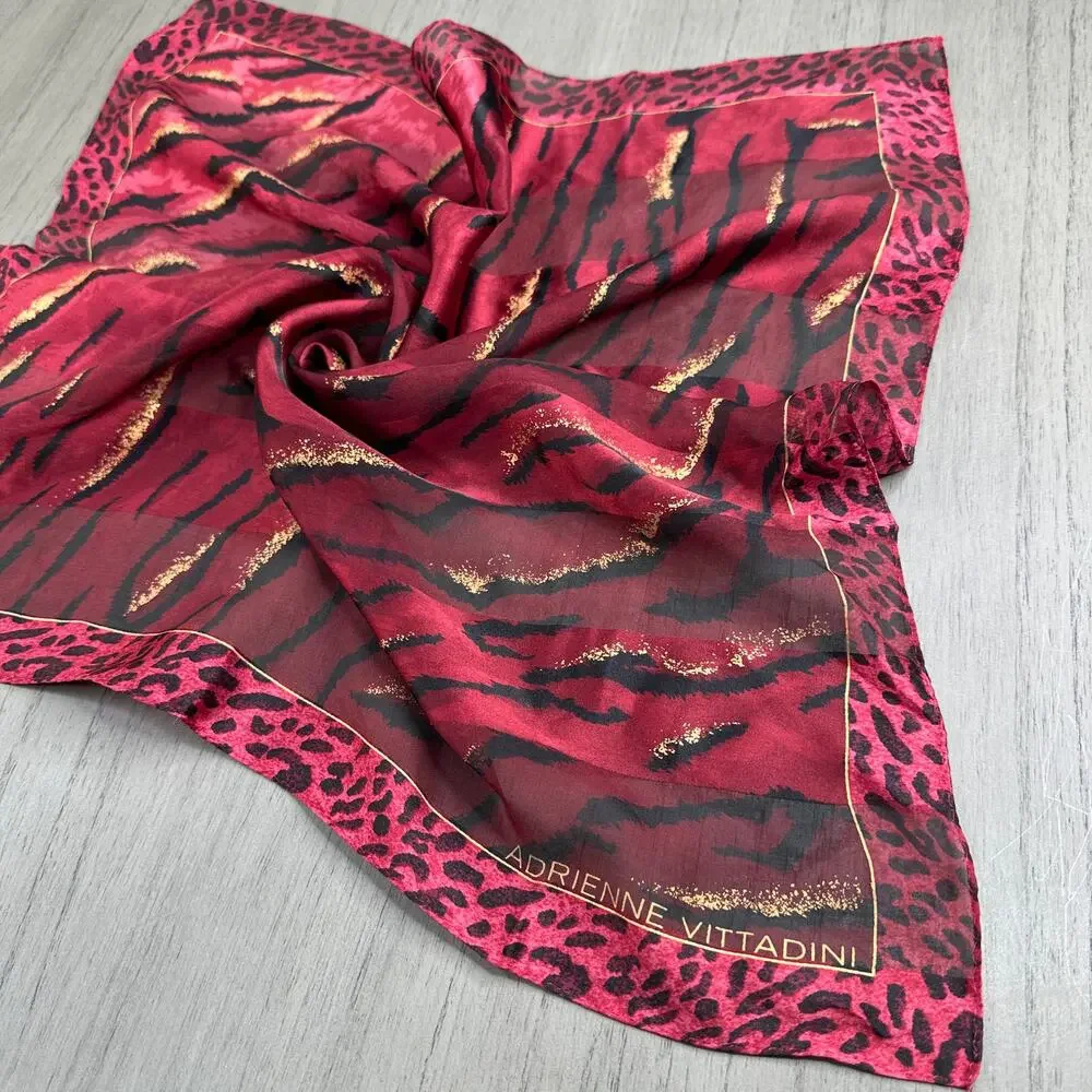 Adrienne Vittadini Red Animal Print Silk Scarf Tiger Cheetah Leopard 21